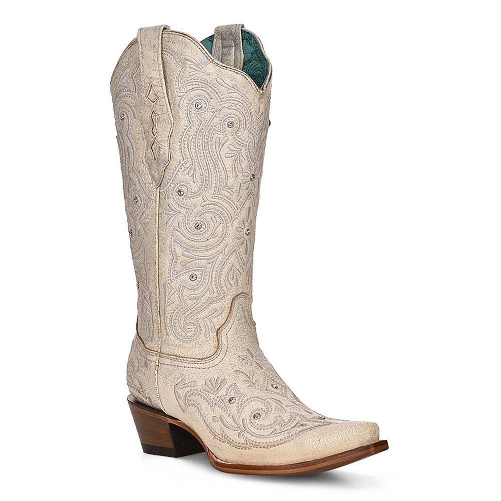 New Corral White Crystal Embroidered Western Boots Snip Toe Cowgirl Glam 11 M